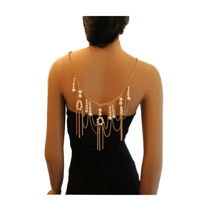 Gold Pearl Back Chain Necklace - Body Jewellery - Ultra-Glam Edition - Wedding Edition