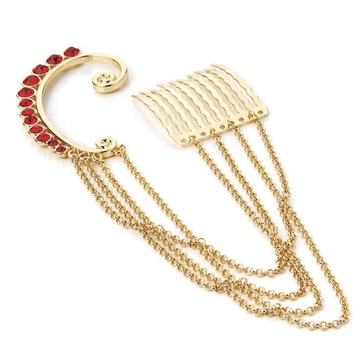 Gold And Siam Red Crystal Ear Hook With Chain Connecting Hair Comb - Holiday Edition - Kikki Couture