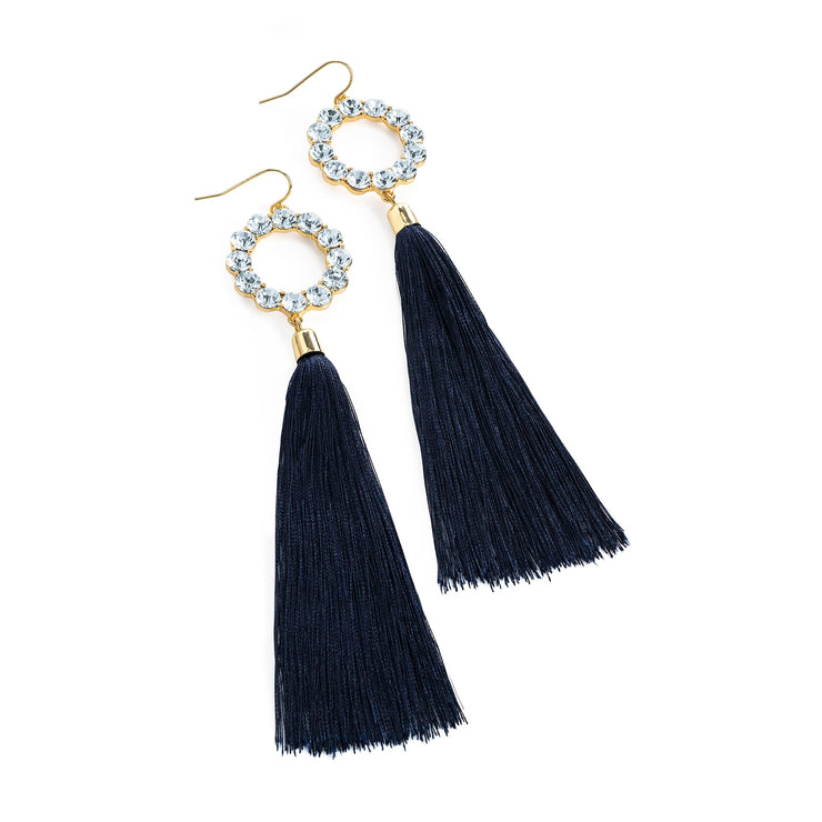 Gold Crystal Navy Tassel Drop Earrings - Holiday Edition - Kikki Couture