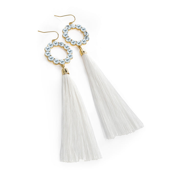 Gold Crystal White Tassel Drop Earrings - Holiday Edition - Kikki Couture
