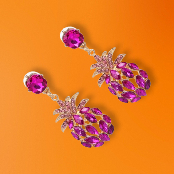 Hot Pink Crystal Pineapple Drop Earrings - Holiday Edition - Ultra-Glam Edition