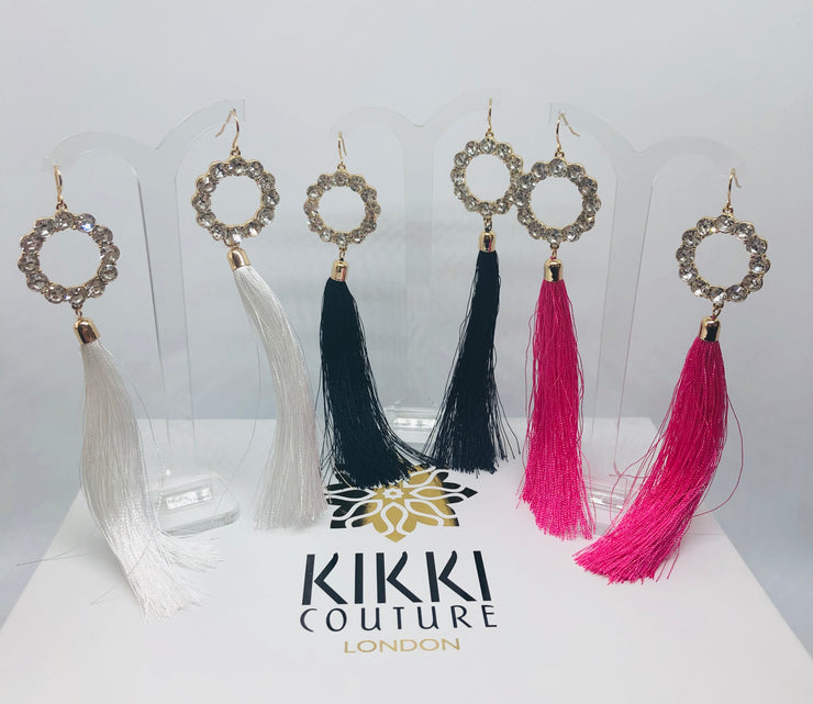 Gold Crystal White Tassel Drop Earrings - Holiday Edition