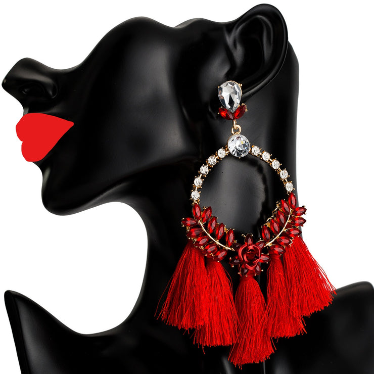 Bright Red Crystal Hoop Tassel Earrings - Ultra-Glam Edition