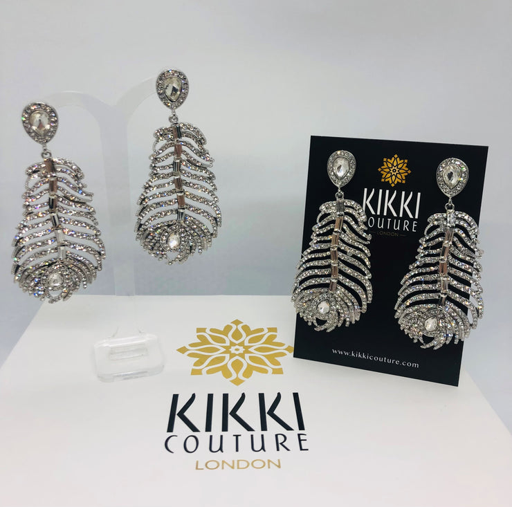New - Large Feather Diamond Drop Earrings - Wedding Edition - Ultra-Glam Edition