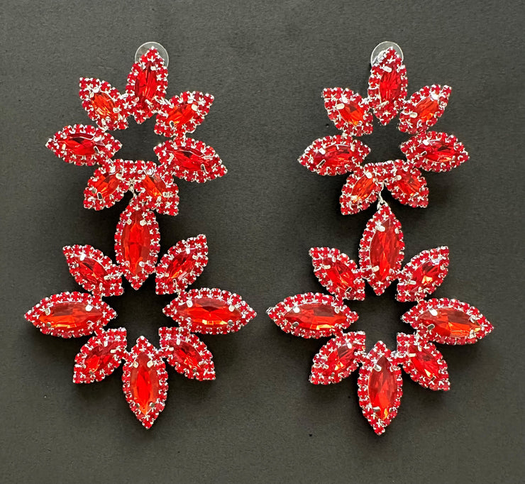 New - Large Red Crystal Flower Drop Earrings - Ultra-Glam Edition