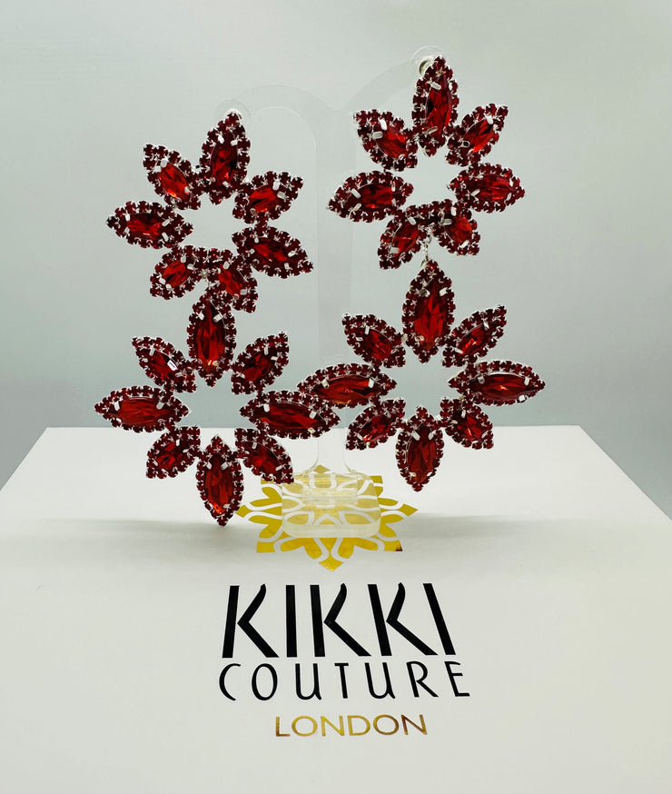 Large Red Crystal Flower Drop Earrings - Ultra-Glam Edition
