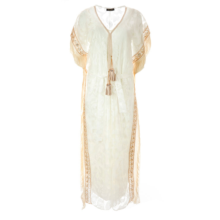 Laura Jane White With Gold Patterned Mesh Maxi Kaftan Dress - Wedding Edition - Kikki Couture