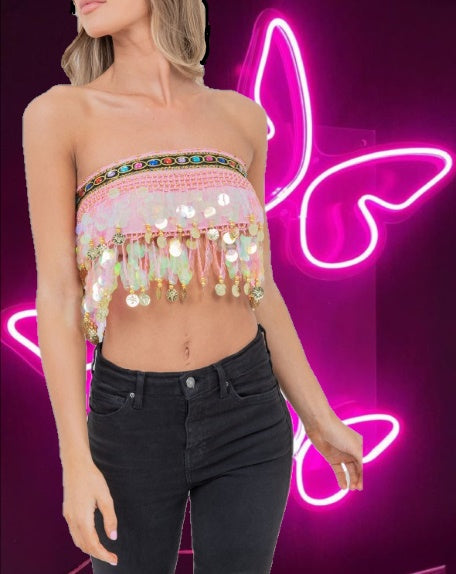 Pink Tassel & Sequin Tie Up Crop Top - Holiday Edition - Ultra-Glam Edition - Club Wear