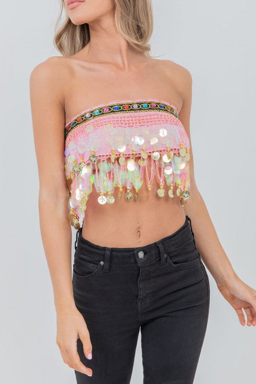 Pink Tassel & Sequin Tie Up Crop Top - Holiday Edition - Ultra-Glam Edition - Club Wear