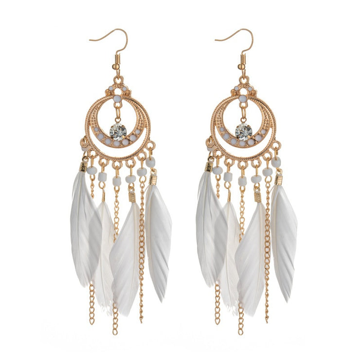 New - White Feather Mandala Dream Drop Tassel Earrings - Ultra-Glam Edition - Holiday Edition - Wedding Edition