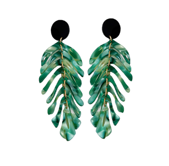 New - Long Green Palm Leaf Drop Earrings - Holiday Edition