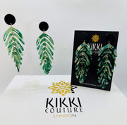 New - Long Green Palm Leaf Drop Earrings - Holiday Edition