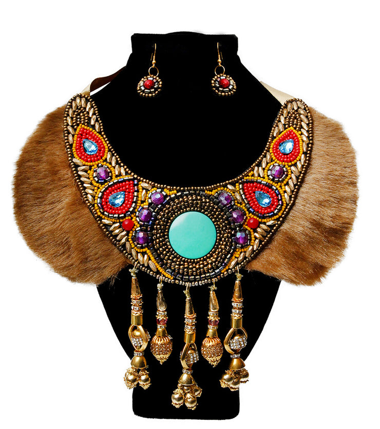 New - Multi Colour Bead & Fur Collar Bib Necklace - Ultra-Glam Edition