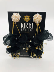Black Chiffon Pearl Petal Drop Earrings - Wedding Edition - Ultra-Glam Edition