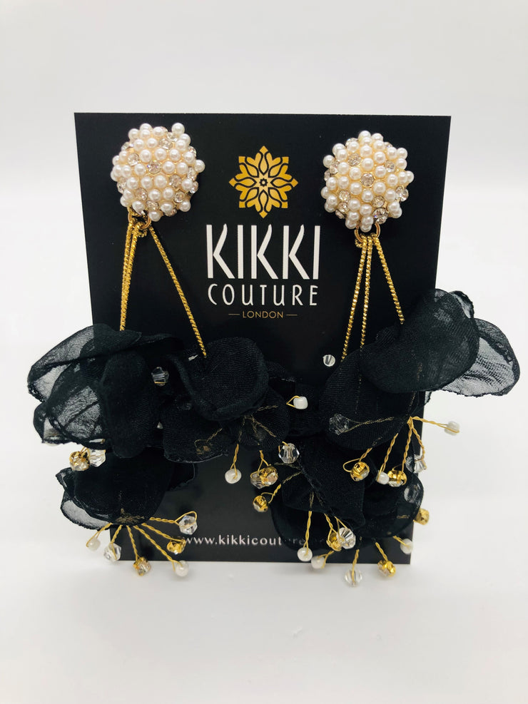 New - Black Chiffon Pearl Petal Drop Earrings - Wedding Edition - Ultra-Glam Edition