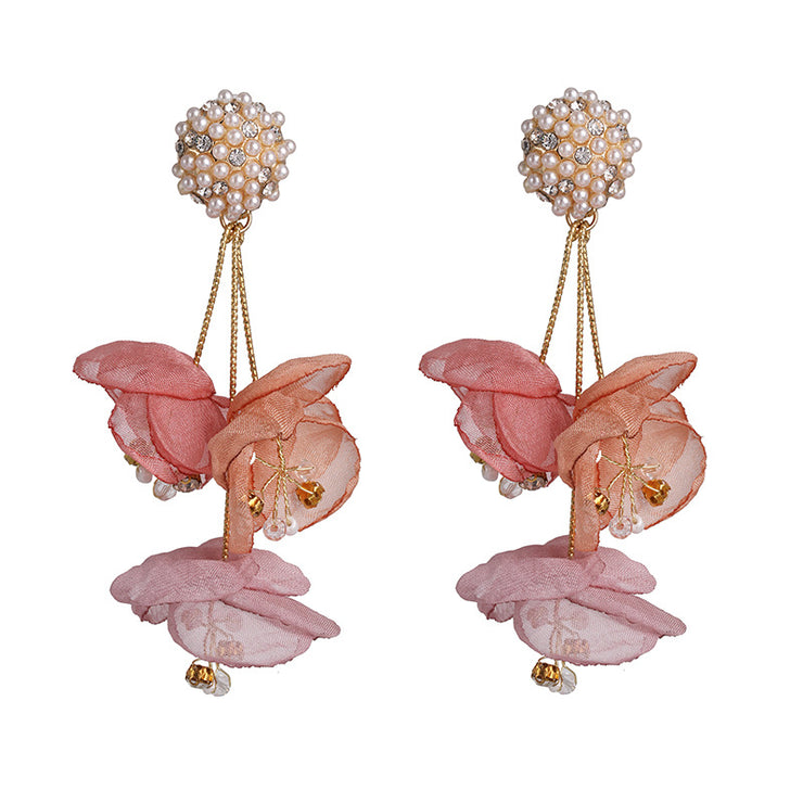 Pink Chiffon Pearl Petal Drop Earrings - Wedding Edition - Ultra-Glam Edition