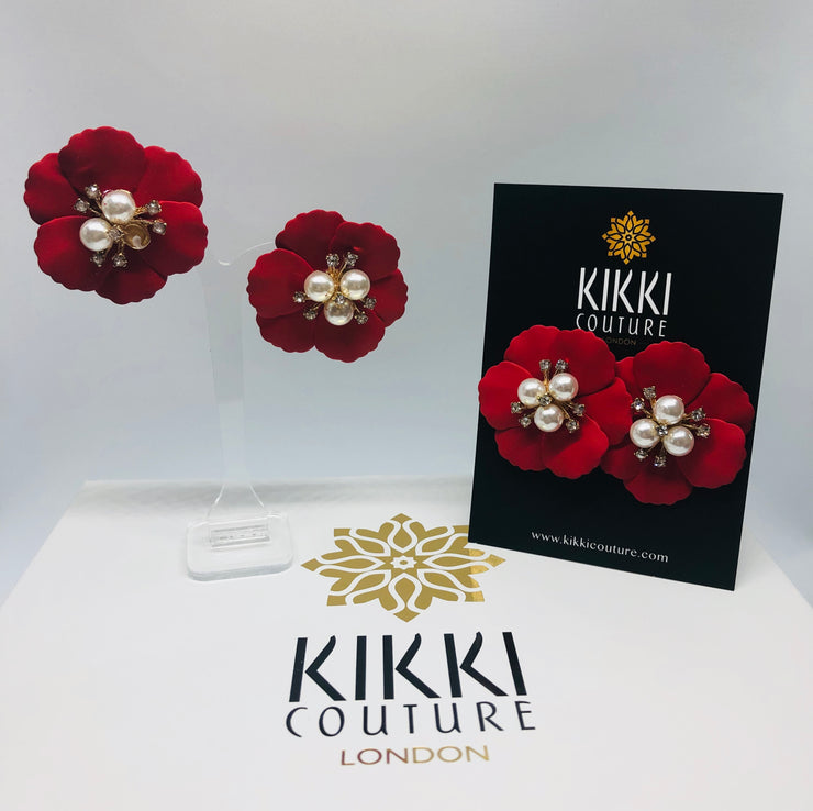Red Petal Pearl Stud Earrings - Wedding Edition - Ultra-Glam Edition