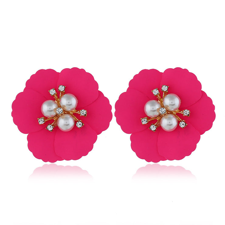 Bright Pink Petal Pearl Stud Earrings - Wedding Edition - Ultra-Glam Edition