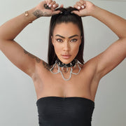 Black Leather Silver Chain Choker Necklace - Body Jewellery - Ultra-Glam Edition