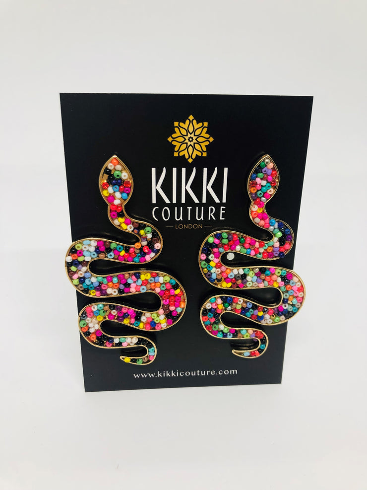 Gold Bead Snake Earrings - Ultra-Glam Edition