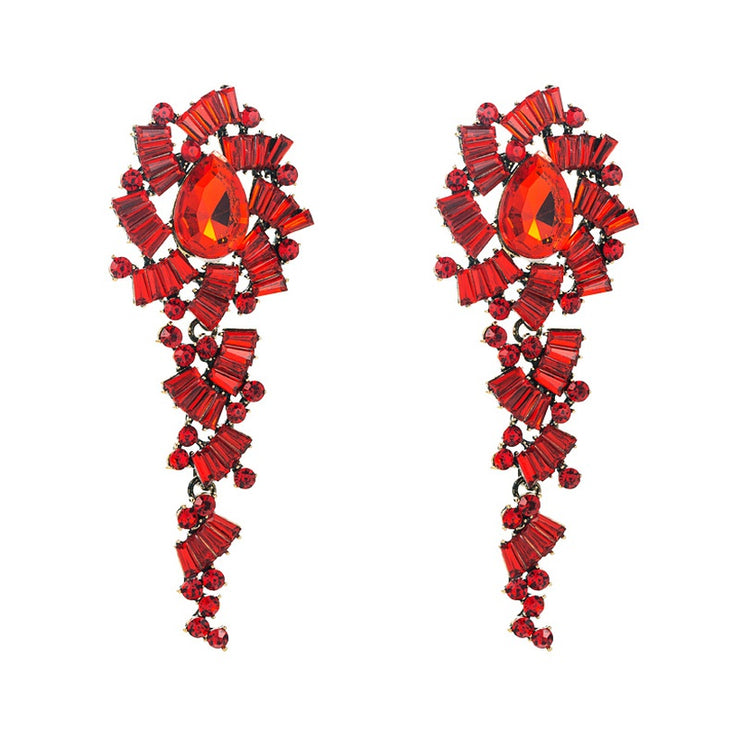 Red Rhinestone Geo Drop Earrings - Ultra-Glam Edition