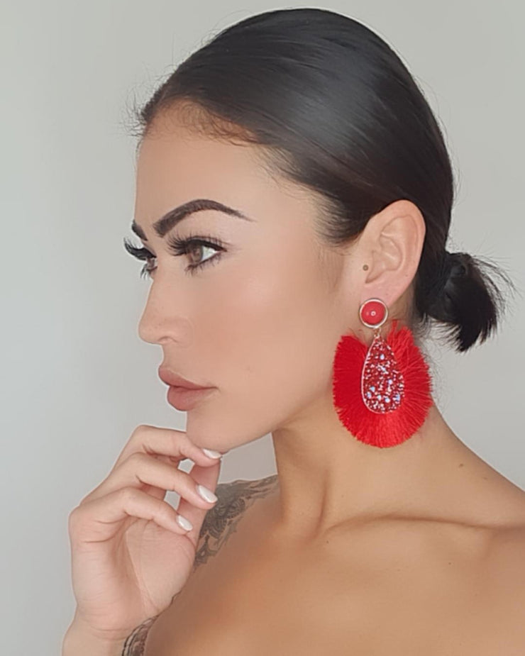 Red Glitter Teardrop Tassel Earrings - Ultra-Glam Edition