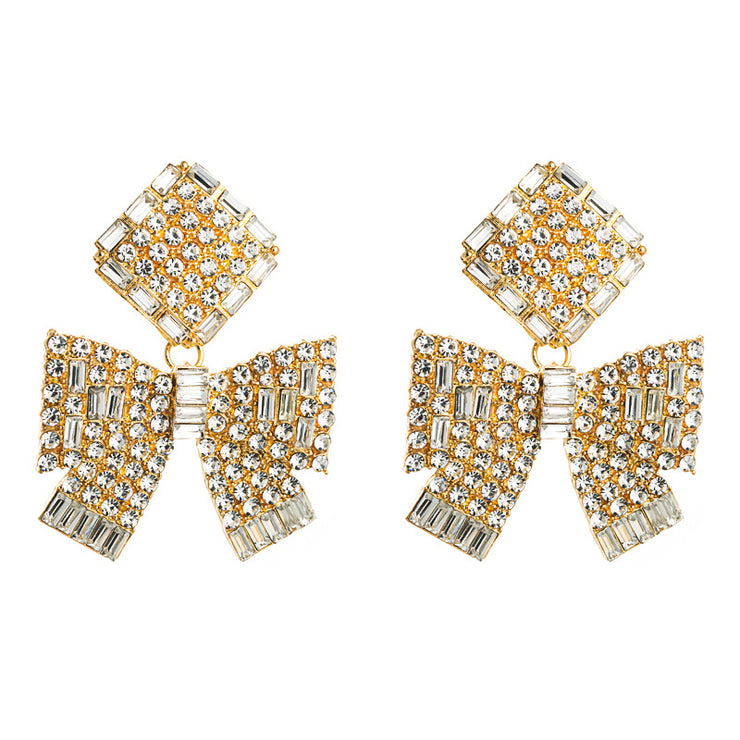 Rhinestone Bow Drop Earrings - Ultra-Glam Edition
