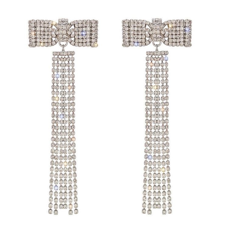 New - Rhinestone Bow Tassel Earrings - Wedding Edition - Ultra-Glam Edition