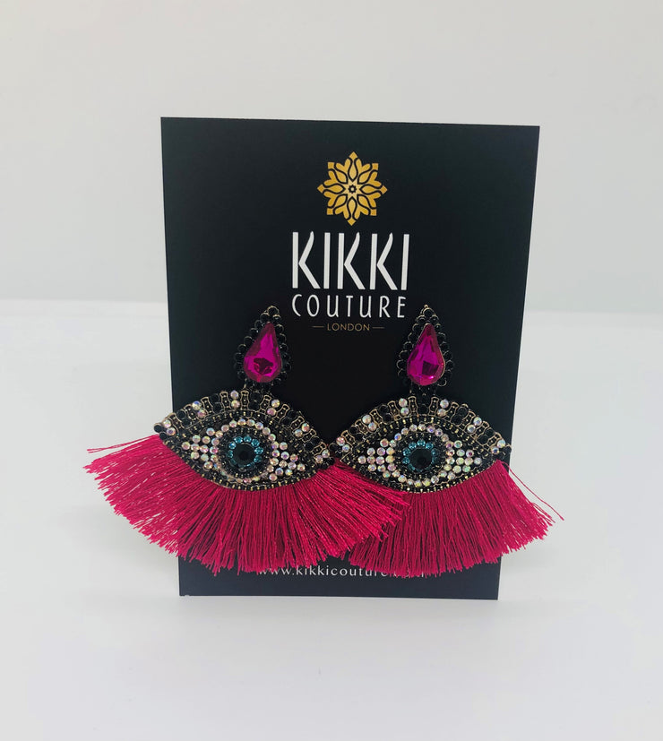 Rhinestone Evil Eye Pink Tassel Earrings - Ultra-Glam Edition