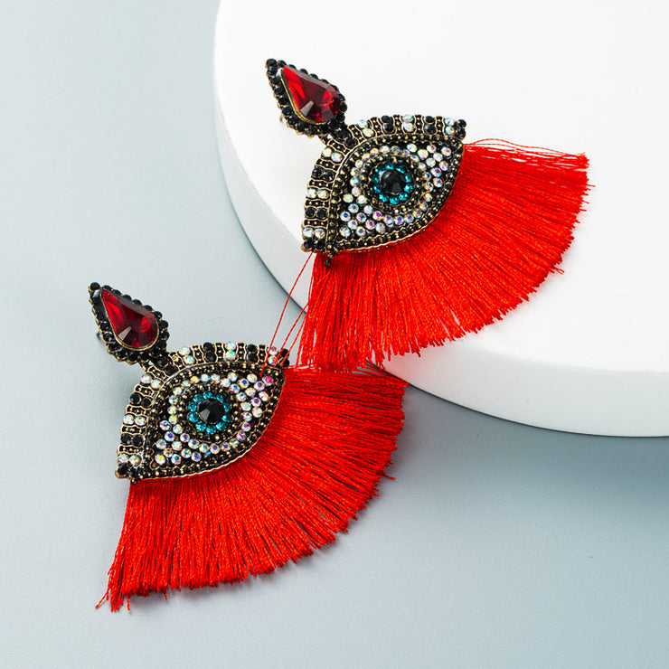 Rhinestone Evil Eye Red Tassel Earrings - Ultra-Glam Edition