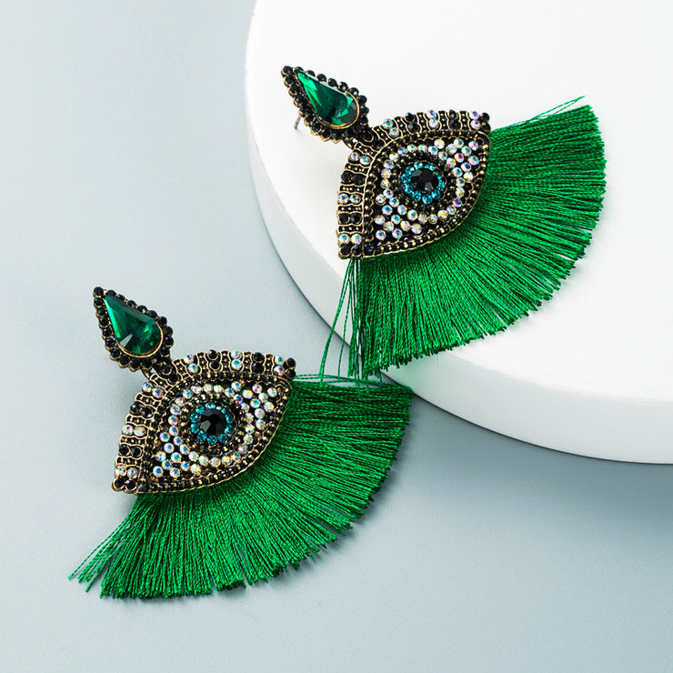 Rhinestone Evil Eye Green Tassel Earrings - Ultra-Glam Edition