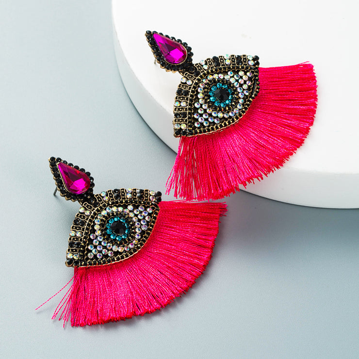 Rhinestone Evil Eye Pink Tassel Earrings - Ultra-Glam Edition