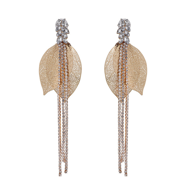 Rhinestone Leaf Tassel Earrings - Ultra-Glam Edition