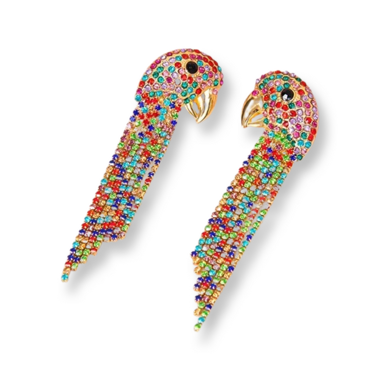 New - Rhinestone Parrot Head Tassel Earrings - Holiday Edition - Ultra-Glam Edition