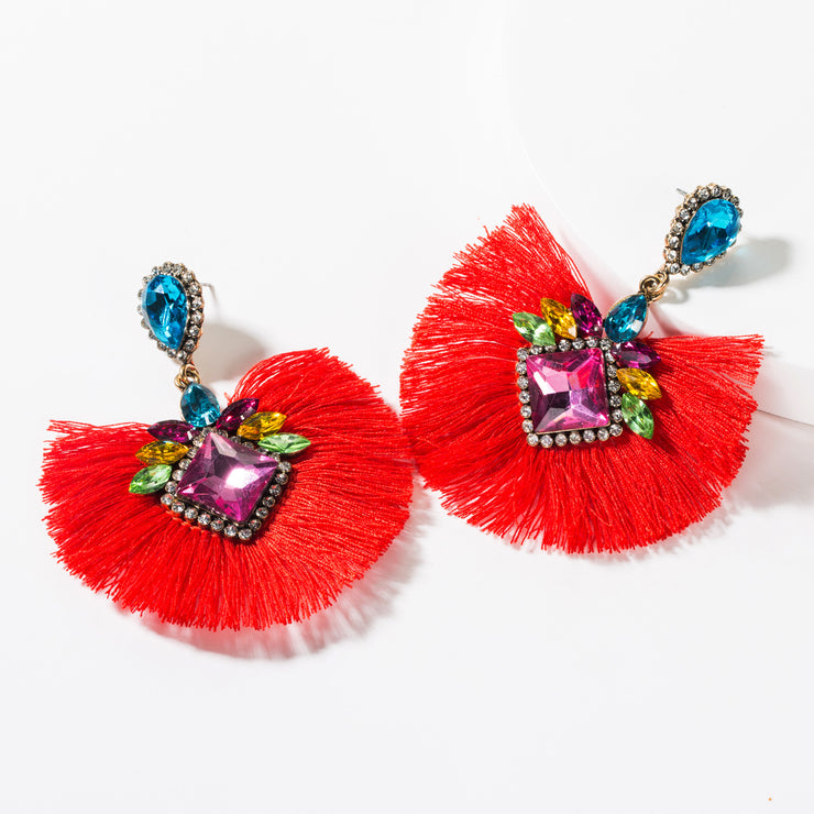 New - Rhinestone Red Tassel Drop Earrings - Ultra-Glam Edition
