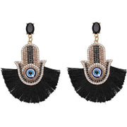 Rhinestone Hand of Fatima Tassel Drop Earrings - Ultra-Glam Edition