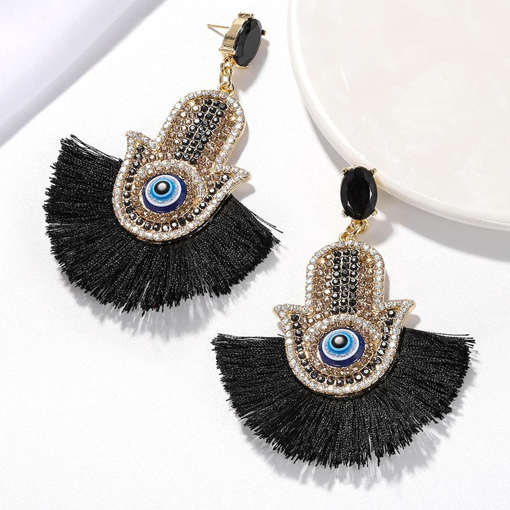 Rhinestone Hand of Fatima Tassel Drop Earrings - Ultra-Glam Edition