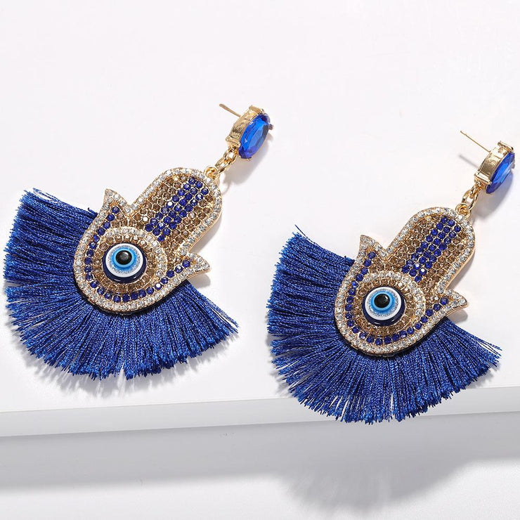 Rhinestone Hand of Fatima Tassel Earrings - Ultra-Glam Edition