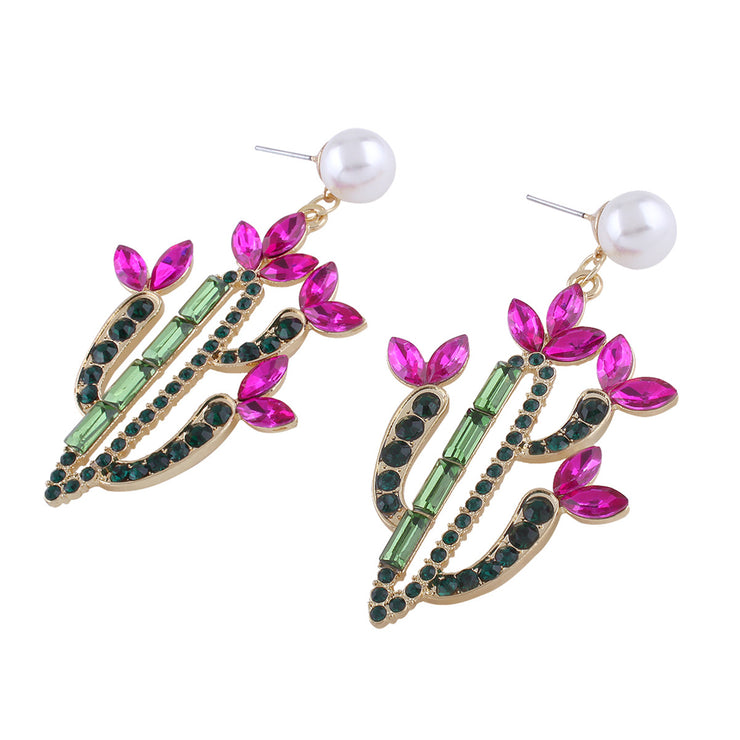 Rhinestone Pearl Cactus Drop Earrings - Ultra-Glam Edition - Kikki Couture