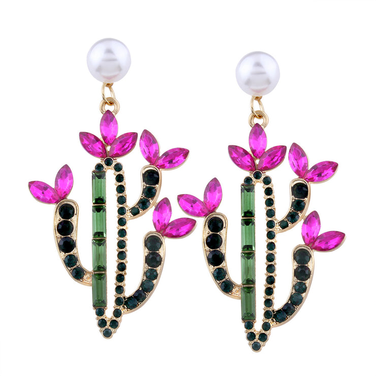 Rhinestone Pearl Cactus Drop Earrings - Ultra-Glam Edition - Kikki Couture