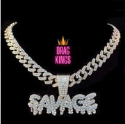 New - SAVAGE Letter Pendant Cuban Link Silver Chain Necklace - Drag King Edition - Ultra-Glam Edition