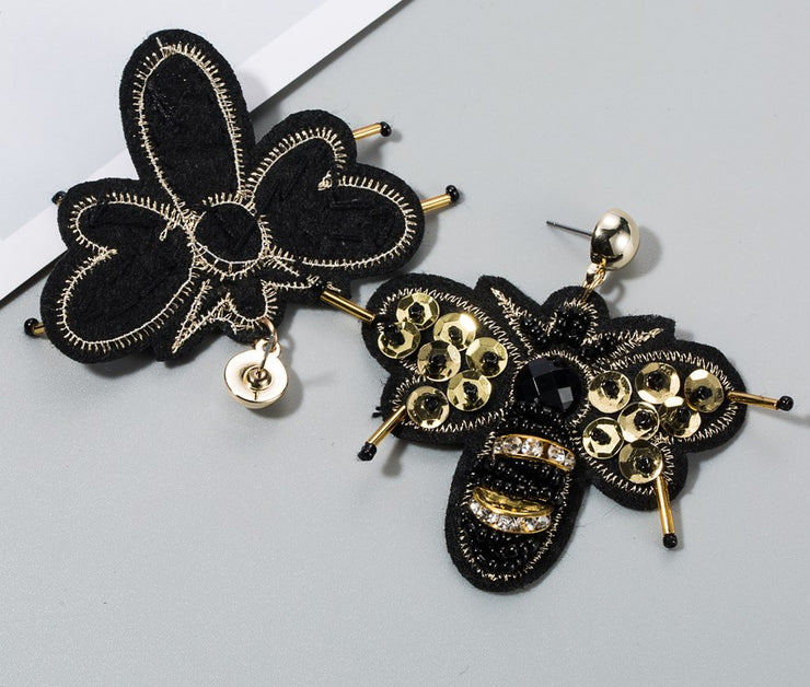 New - Black & Gold Beaded Bee Drop Earrings - Ultra-Glam Edition