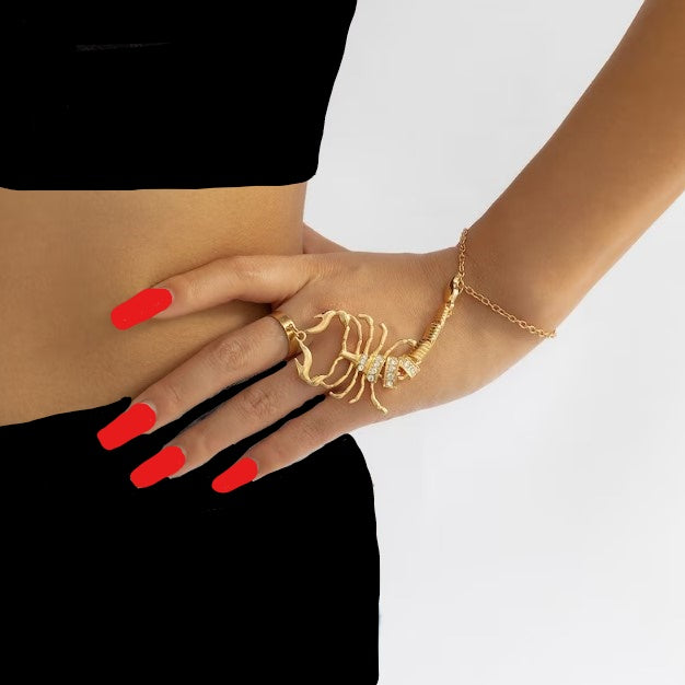 New - Crystal Scorpion Ring Chain Bracelet - Ultra-Glam Edition - Body Jewellery