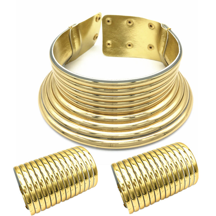 Gold Ndebele Ribbed Choker Necklace & Arm Cuff Set - Ultra-Glam Edition