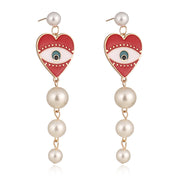 Vibrant Evil Eye Heart Pearl Drop Earrings - Ultra-Glam Edition